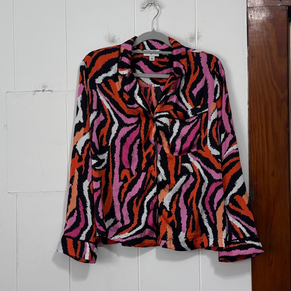Diane von Furstenberg Target Zebra Print Button Down Pajama Top Pink Orange M